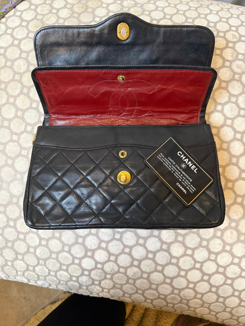 Chanel Matelasse Quilted Leather Chain Shoulder Bag With A Cc Turn Lock And A Red Leather Interior