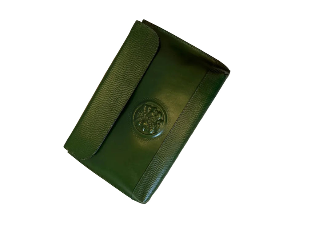 Green leather wallet with a brand logo on a white background