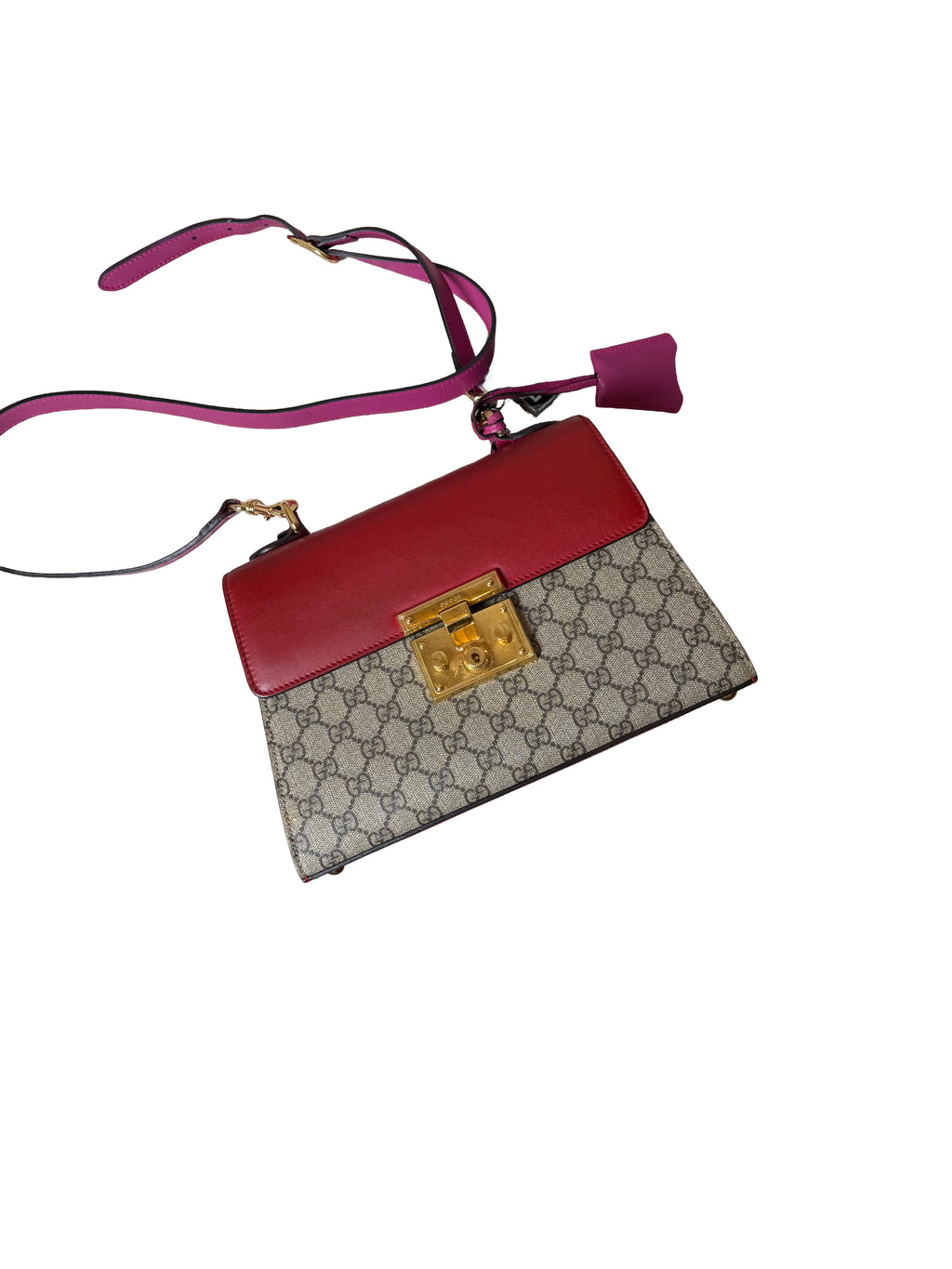 Gucci Gg Supreme Canvas And Leather Padlock Top Handle Bag In Beige Red And Pink Image - Image 1