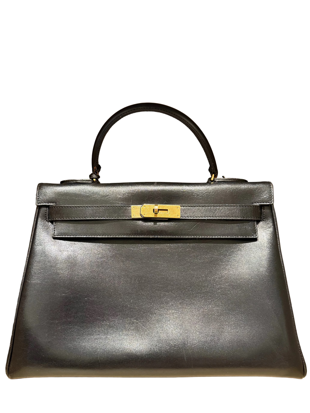 1977 Kelly 32 Handbag Black Box Calf with Gold Hardware