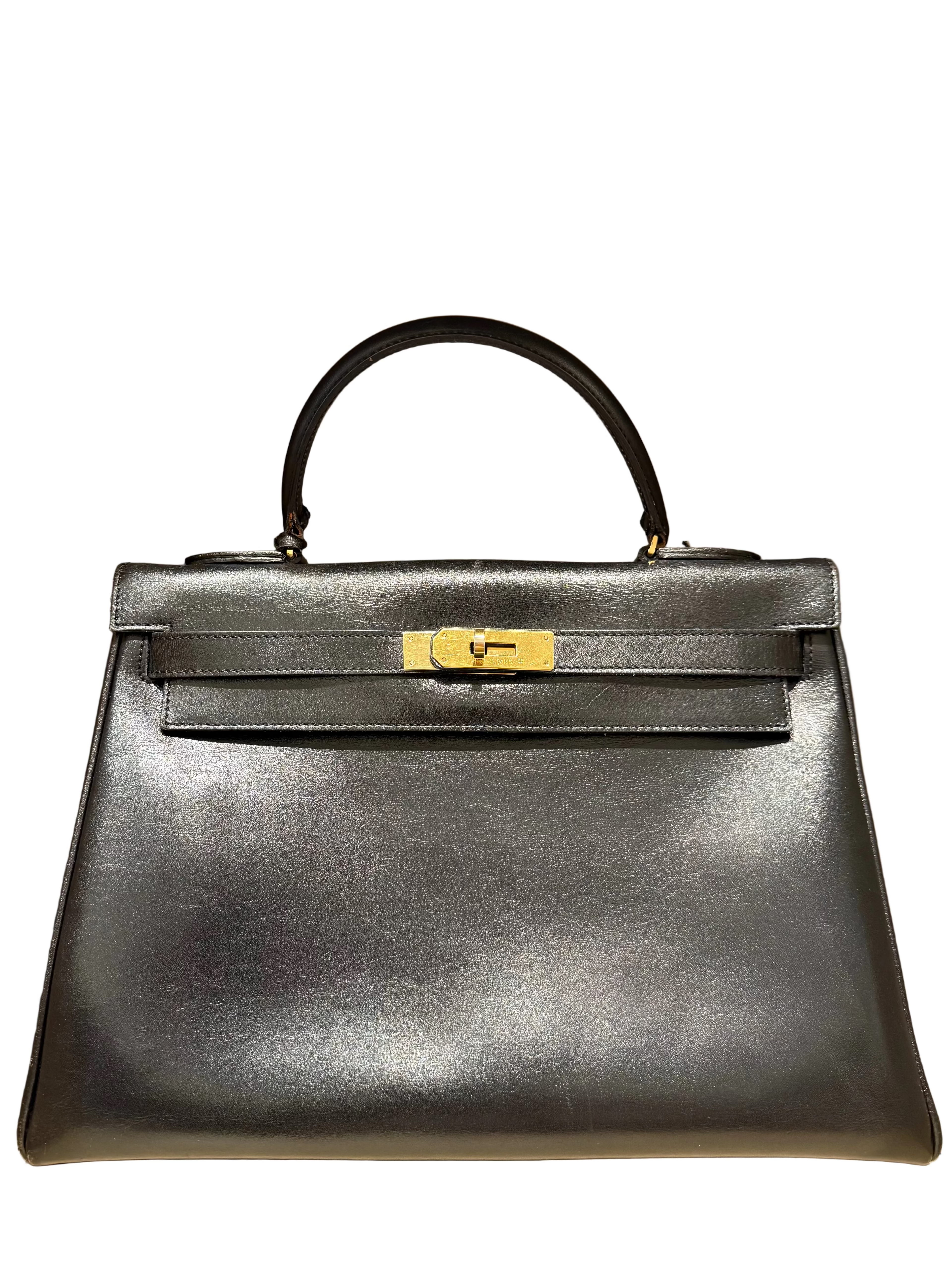 1977 Kelly 32 Handbag Black Box Calf with Gold Hardware