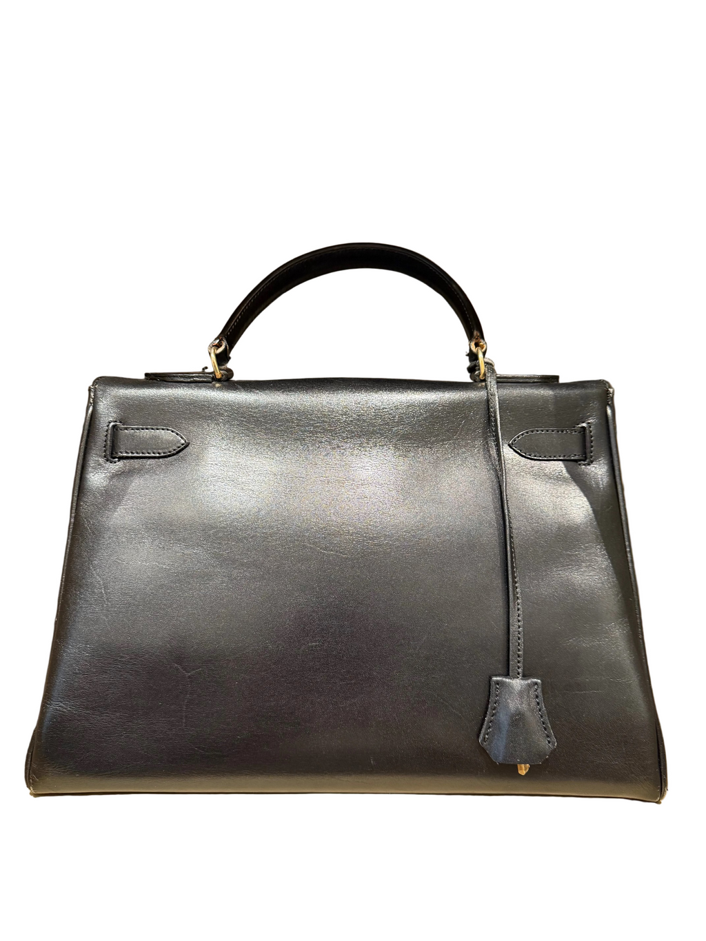 1977 Kelly 32 Handbag Black Box Calf with Gold Hardware