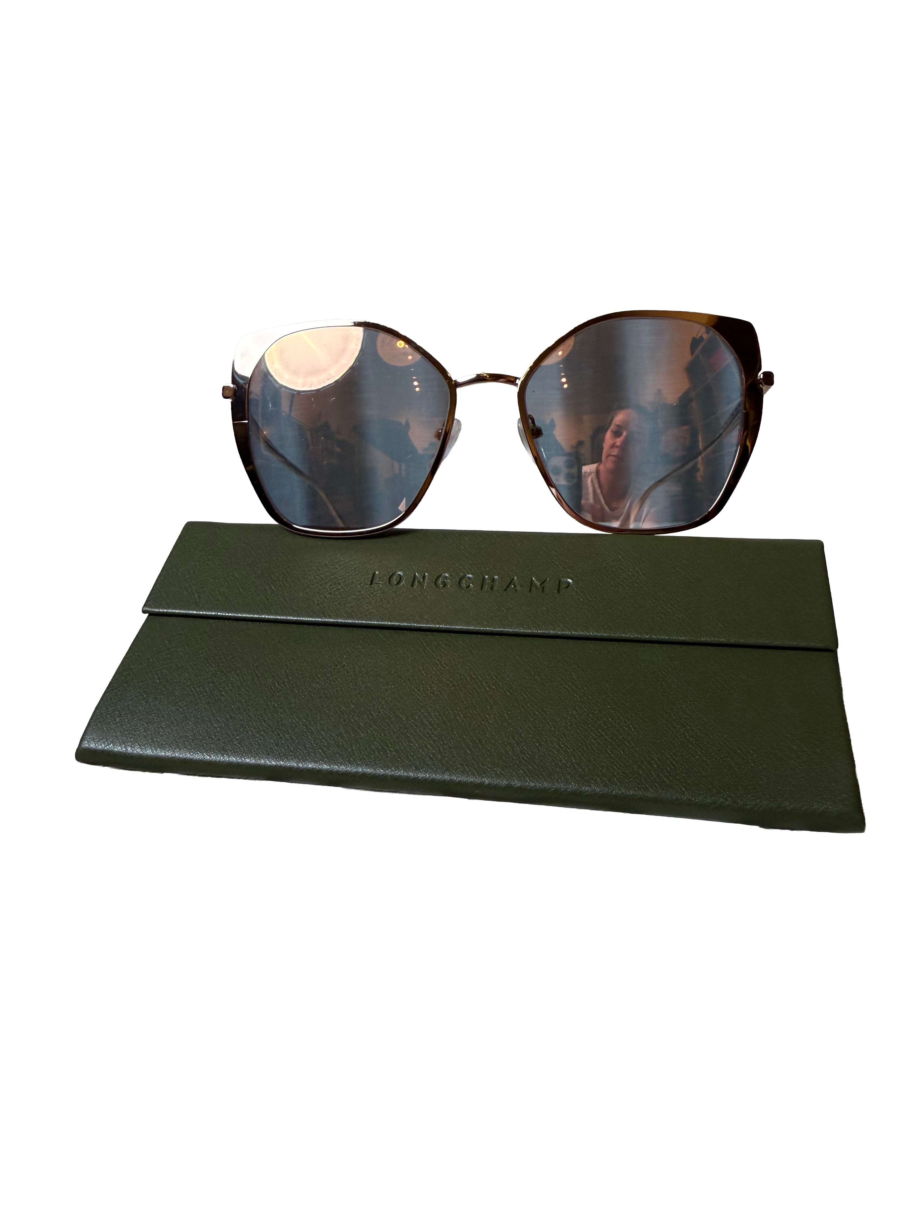 Longchamp Women S Metal Sunglasses Model Lo175S Featuring A Cat Eye Shape And Mirrored Lenses