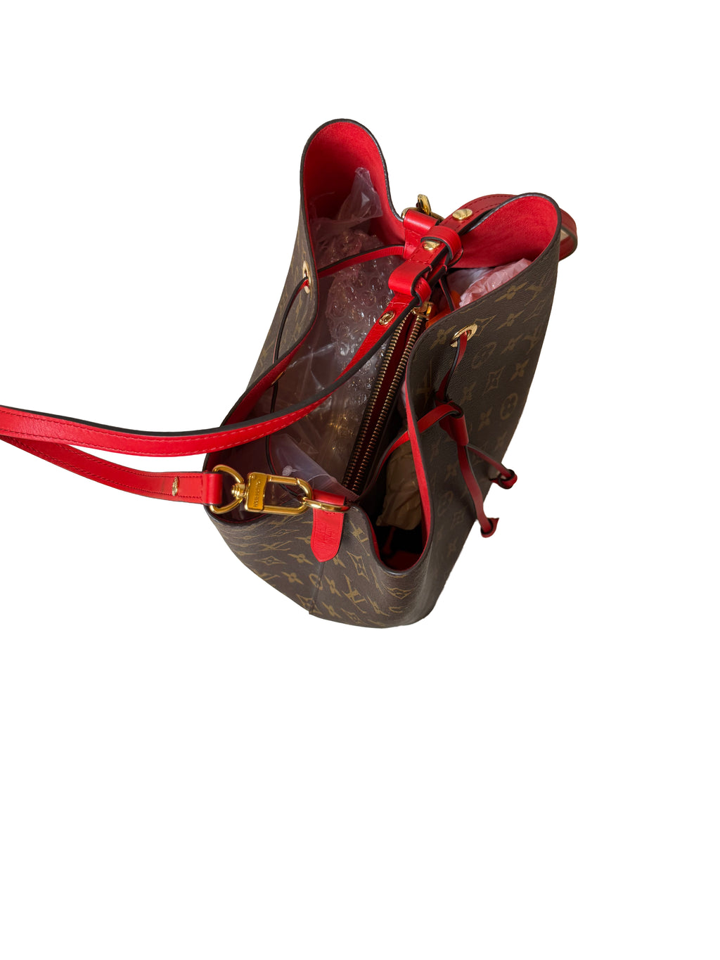 Louis Vuitton Neonoe Mm Bucket Bag In Monogram Coated Canvas With Red Leather Trim